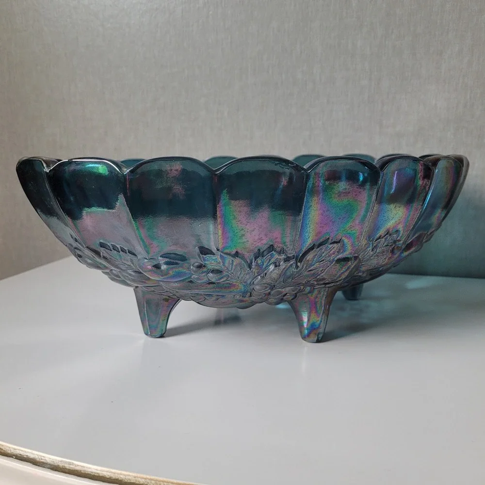 Indiana Large Glass Harvest Grape Bowl Unisex Blue Excellent Carnival Iridescent